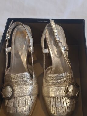 Metallic Silver Slingback Heels with Buckle Accent